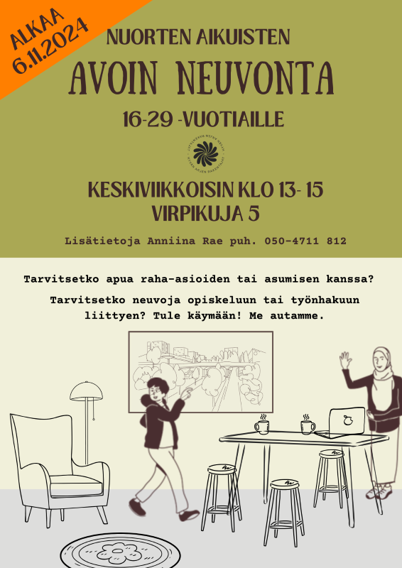 Nuorten aikuisten avoin neuvonta 16-29-vuotiaille keskiviikkoisin kello 13-15 Virpikuja  5. Lisätietoja Annina Rae puh. 050 4711 812.